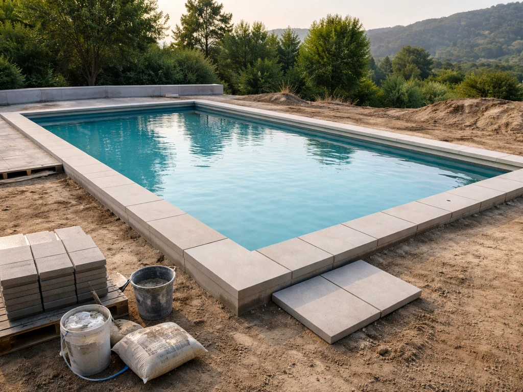 Minimal backyard pool under construction with wet concrete edges and quiet residential backdrop.