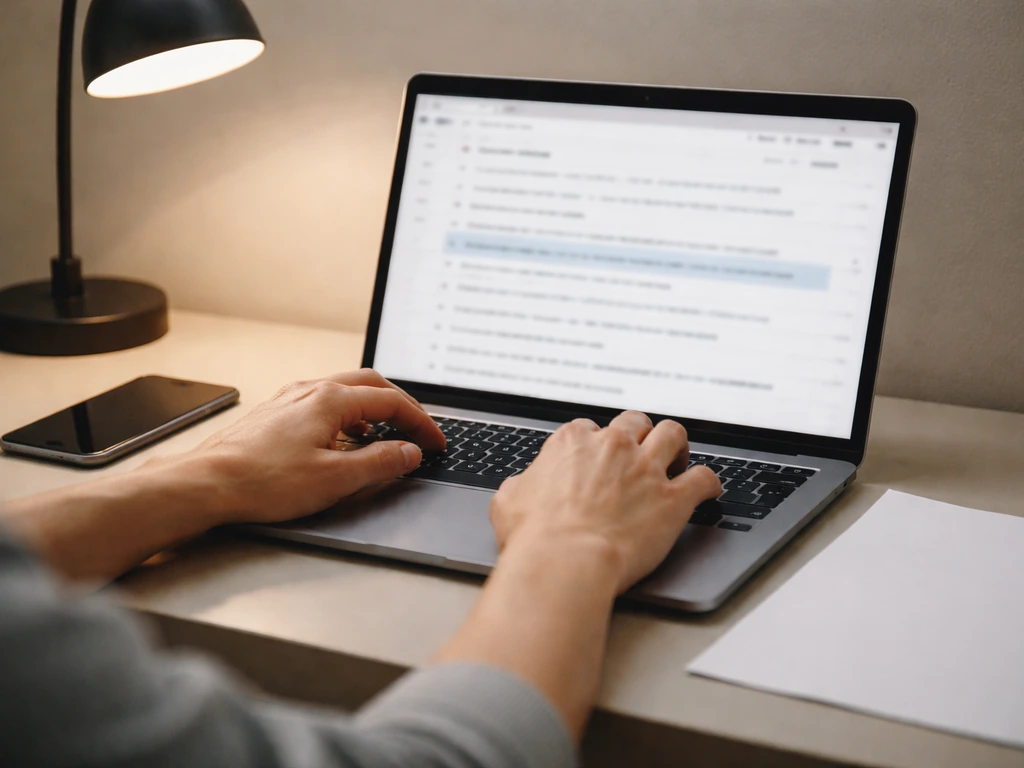 Anonymous hands check a blurred laptop registry page while cross-referencing documents on a tidy desk.