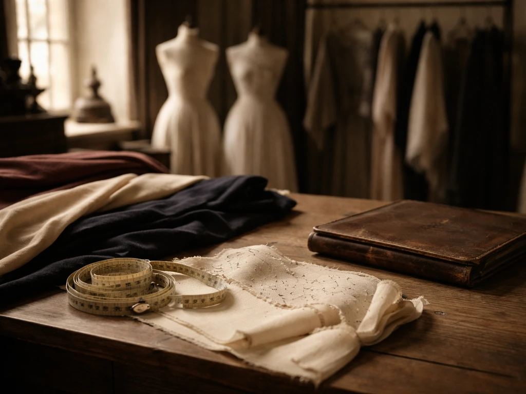 Vintage fashion atelier scene with luxurious fabrics and an old ledger-like prop suggesting historical wealth inquiry