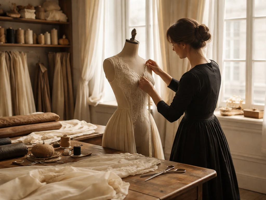 Seamstress pinning lace fabric at a wooden table inside a quiet couture workshop.