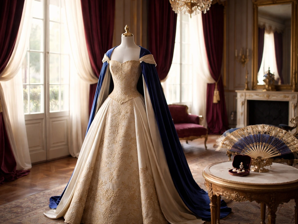 Mannequin in an ornate vintage royal-style gown with royal-blue and burgundy decor in an elegant salon.