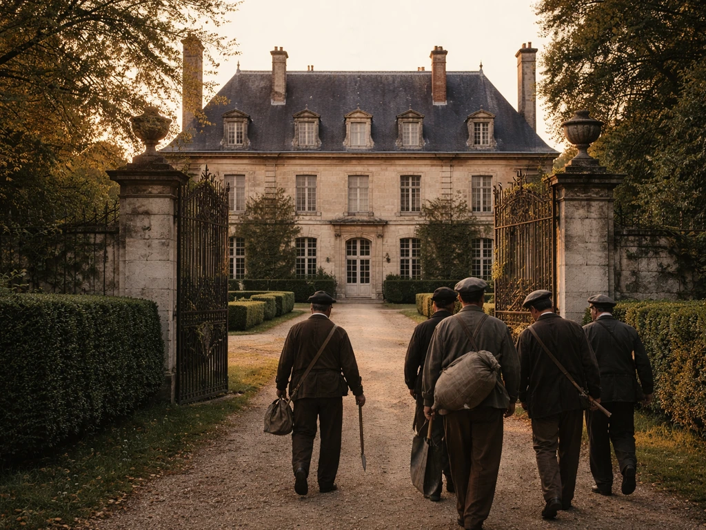 19th-century French villa with anonymous workers in period clothing carrying tools across a quiet courtyard.