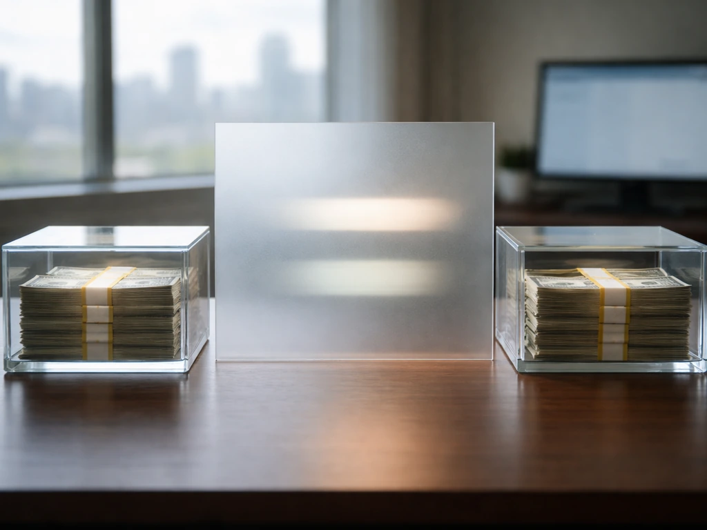 Minimal desk scene with two glowing money vault boxes and blurred transparent bands suggesting two estimates.