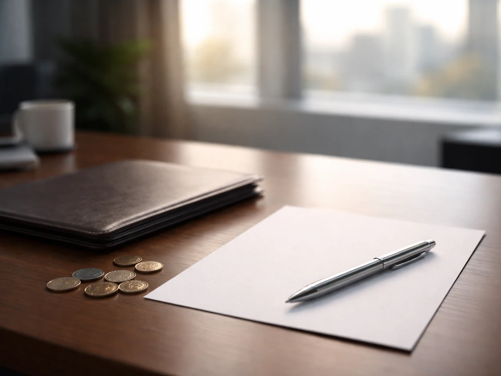 Minimal office desk with documents, a pen, and a few coins symbolizing CEO income streams.