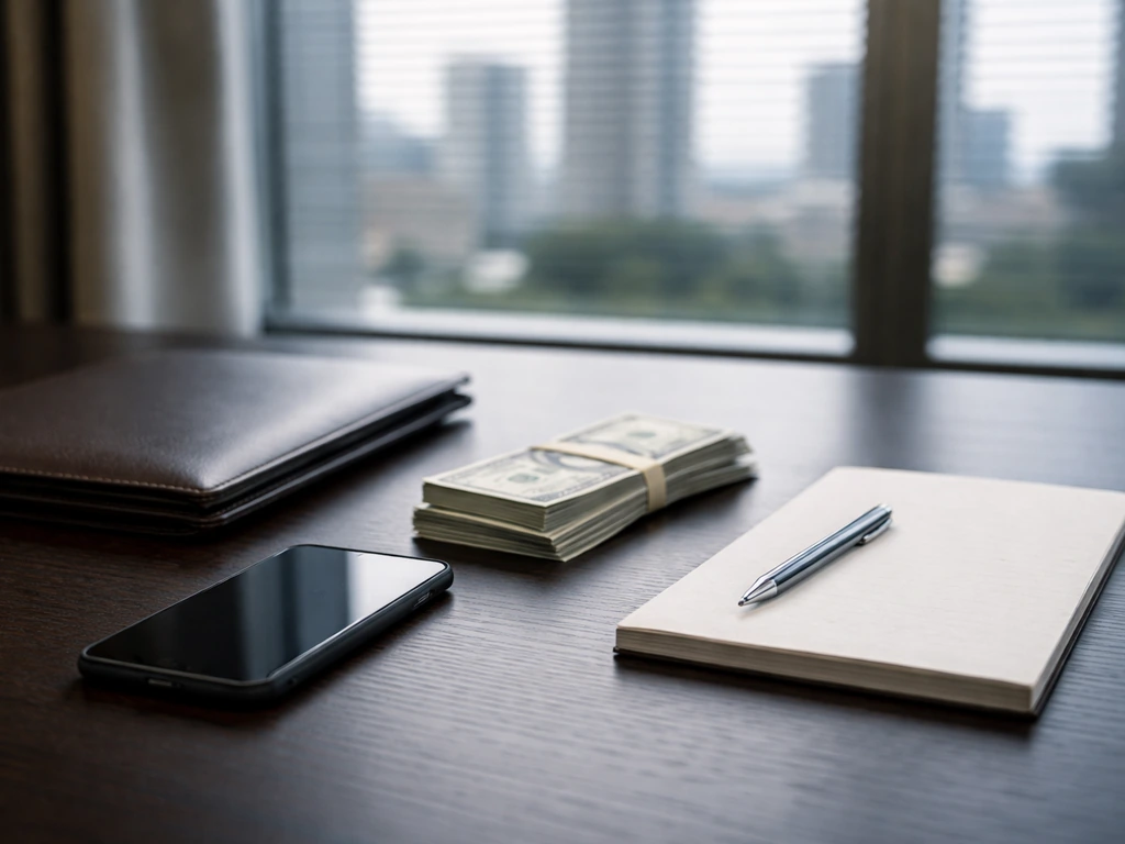 Minimal photo of a private office desk with a smartphone, wallet, and cash-like prop symbolizing finance verification