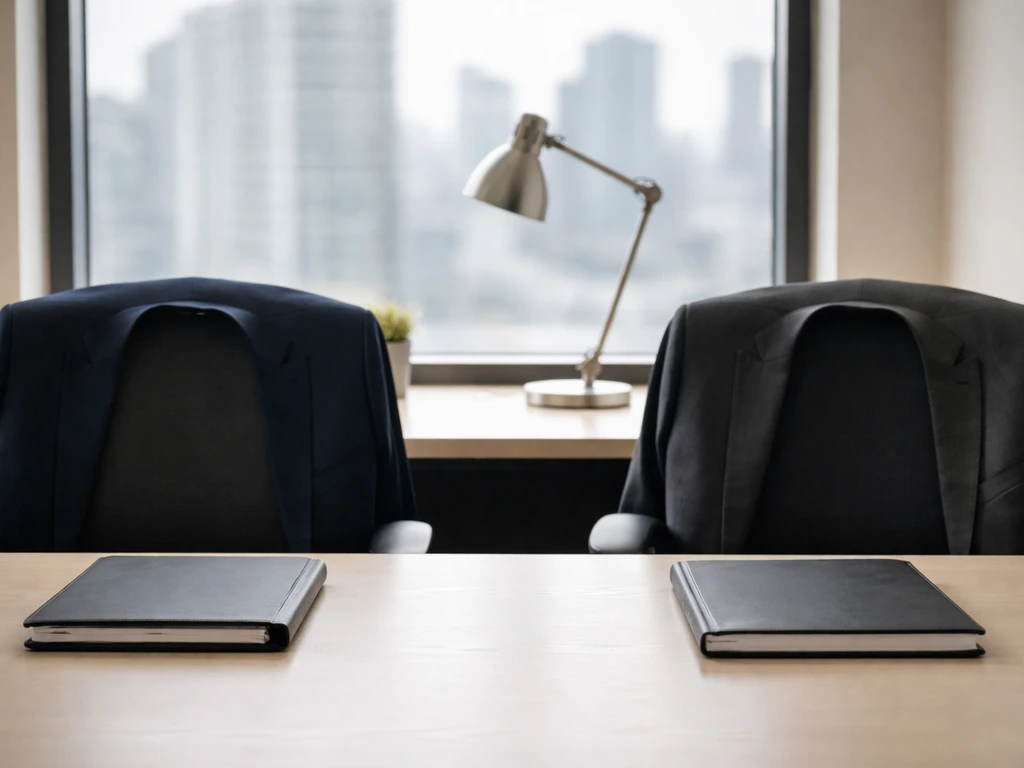 Two minimal office setups with different suit jackets and portfolios, implying two people with the same name.