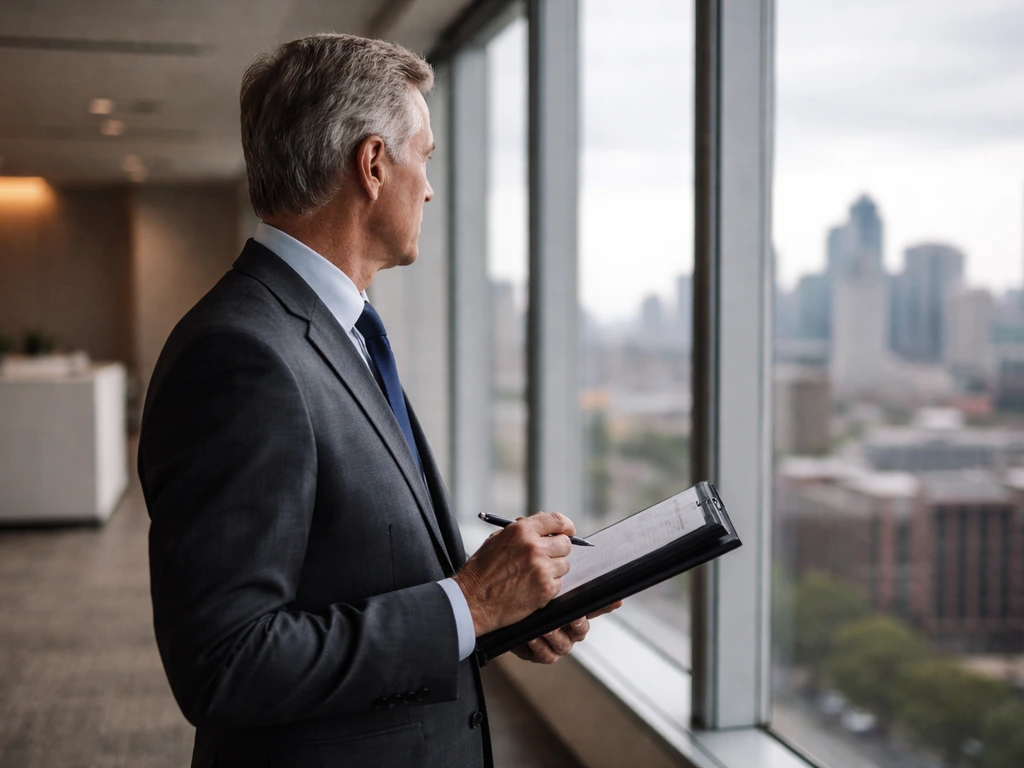 Anonymous executive in a modern finance office by a window, suggesting long-term leadership at a firm.