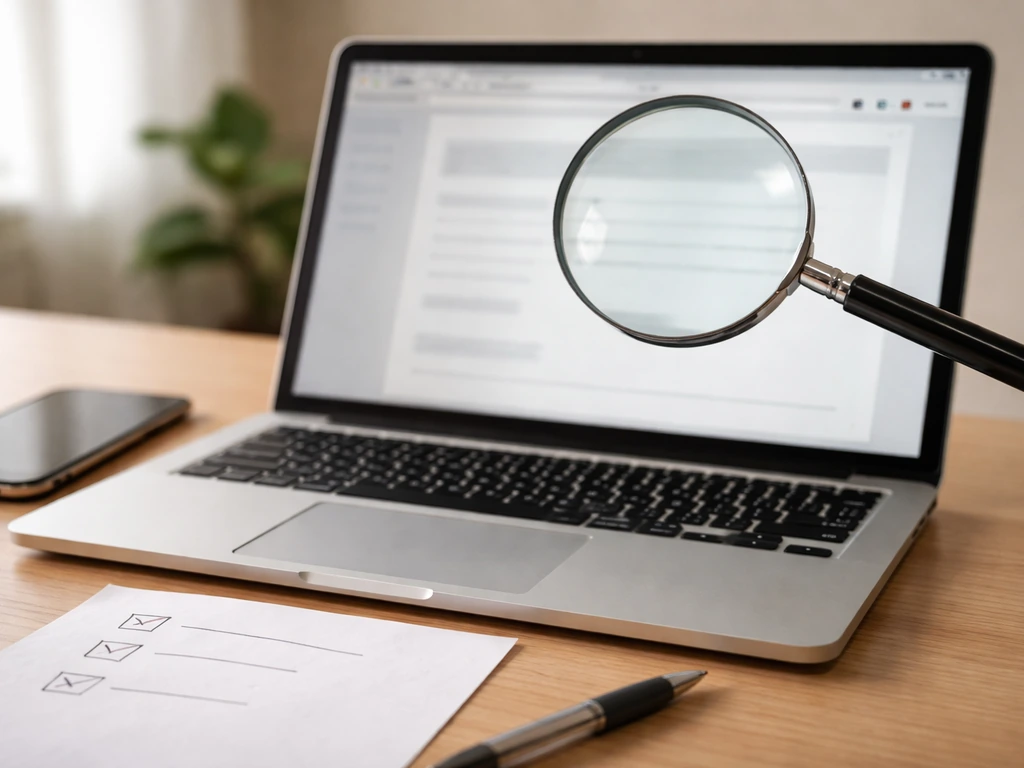 Magnifying glass over a laptop on a simple desk, symbolizing checking financial filings and estimates.