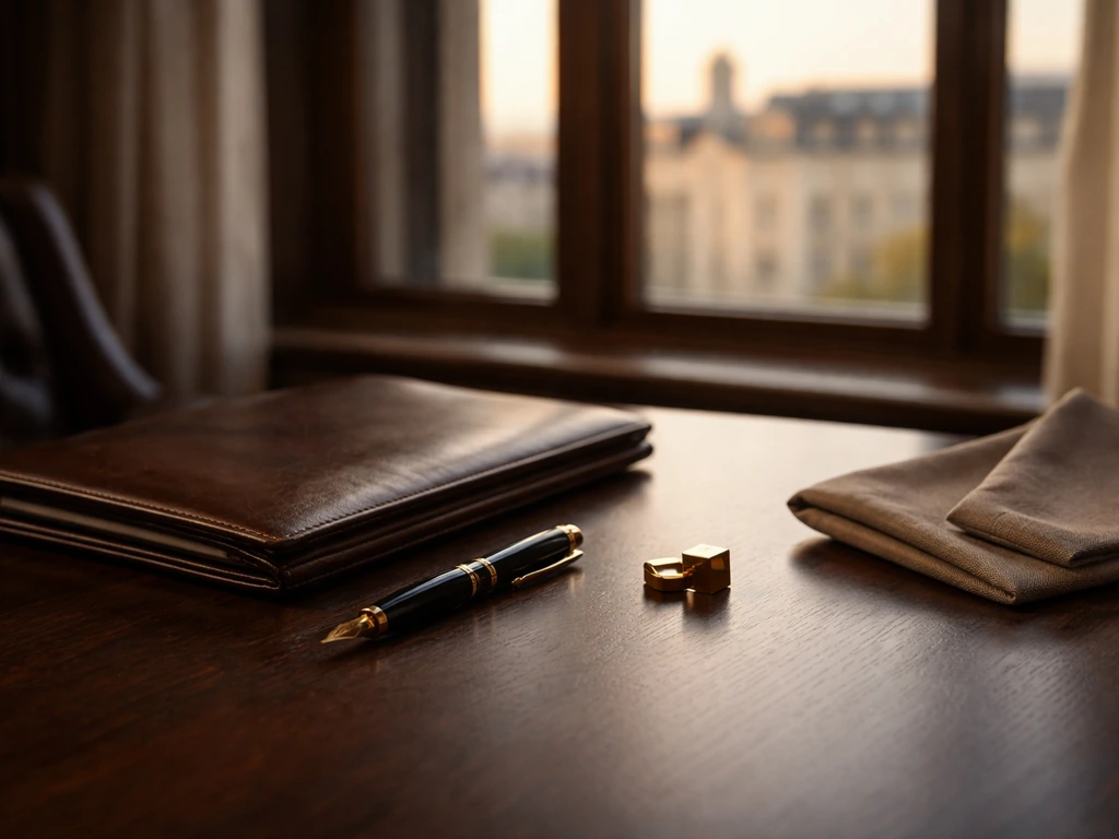 Luxury desk with a fountain pen and a blurred city skyline, symbolizing wealth research and business analysis