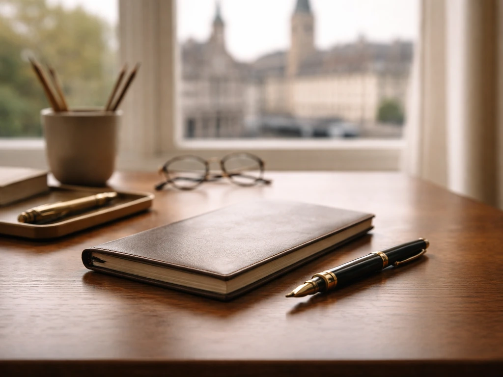 Minimal office scene with a framed pen-and-paper luxury feel, symbolizing the Faber-Castell family legacy.