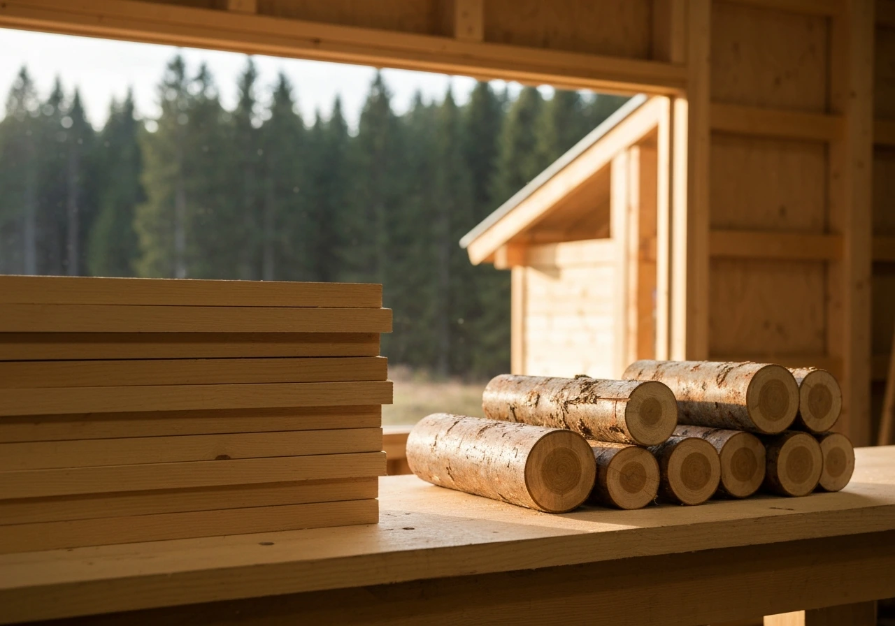 Wood planks and freshly cut timber on a workbench with a forest and workshop softly blurred behind.