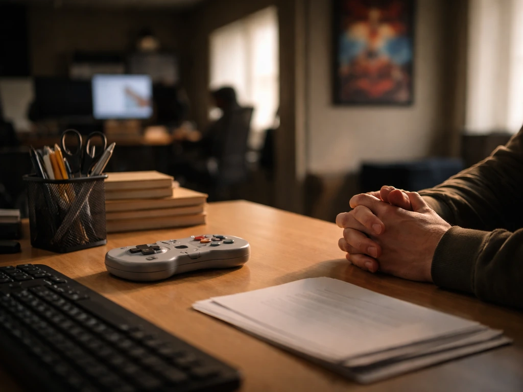 Minimal office scene with gaming controller and software workspace elements, hinting at RedOctane-era game making.
