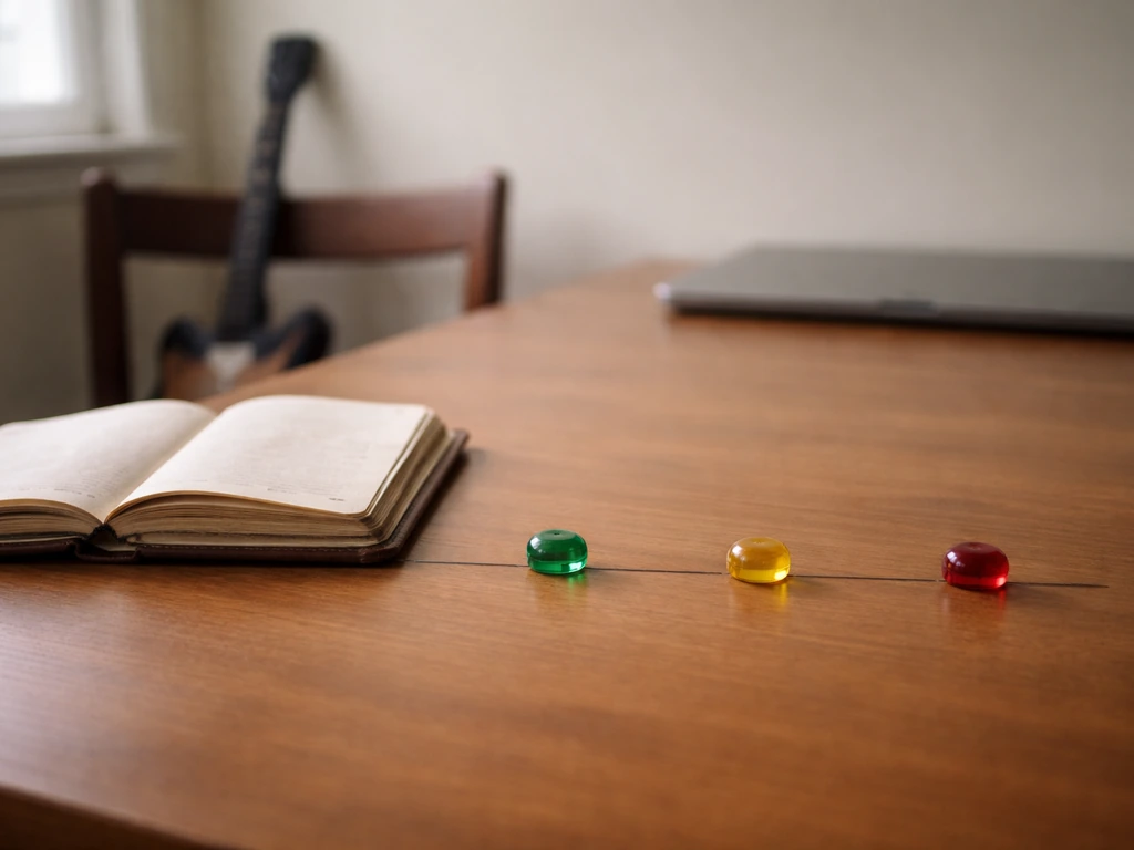 Minimal wooden desk scene with an open notebook and three colored markers suggesting key milestone years.