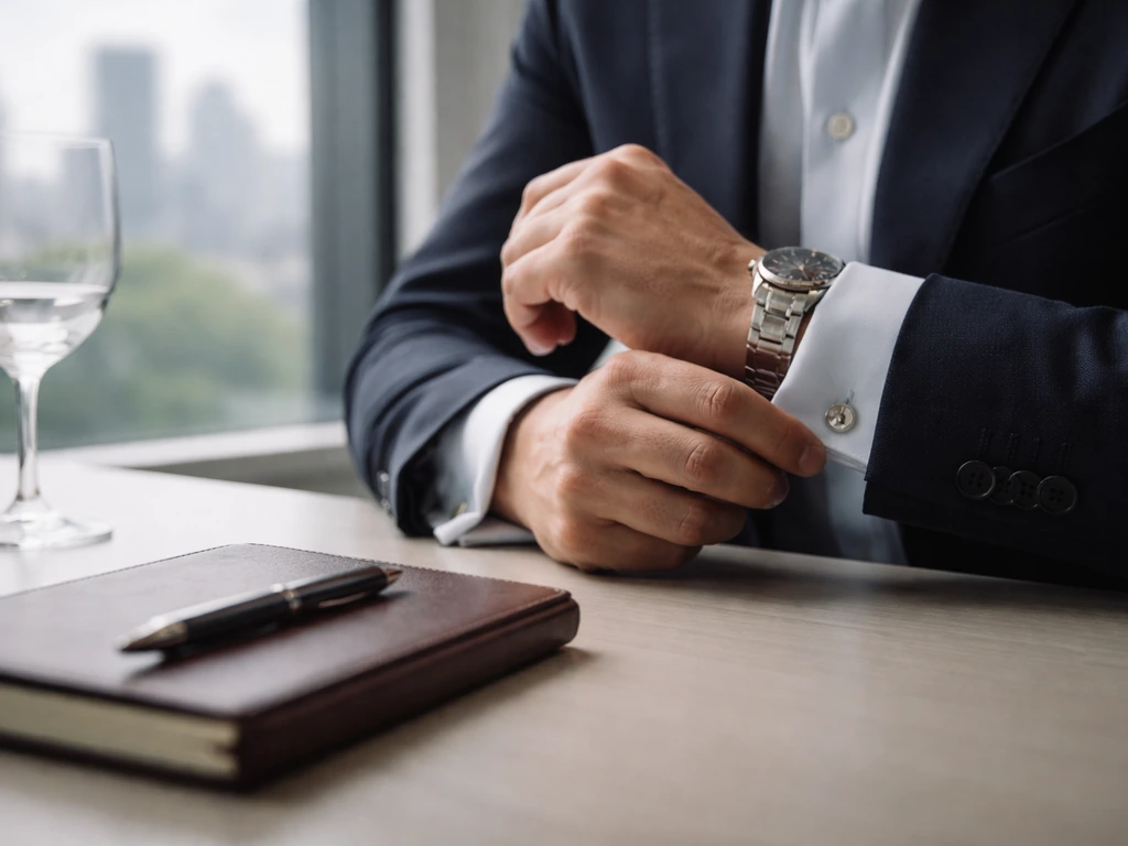 Close-up of a suit sleeve and cufflinks beside a notebook and pen in a quiet office at daylight