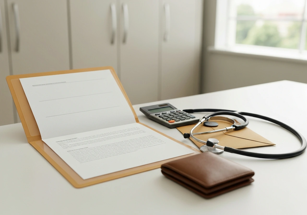 Minimal office scene with financial documents and a stethoscope, symbolizing estimating a physician’s net worth