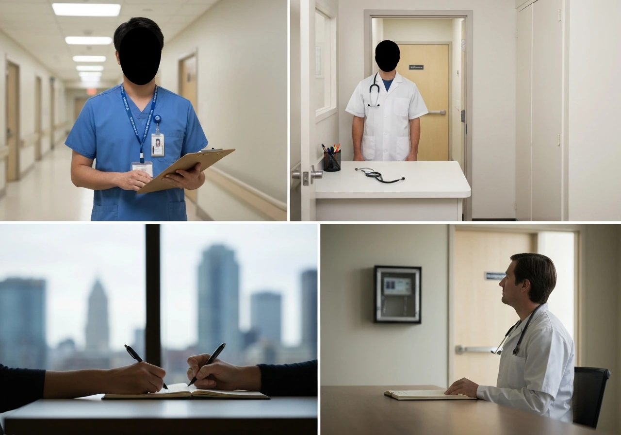 Four minimal hospital and office vignettes suggesting different physician wealth pathways.