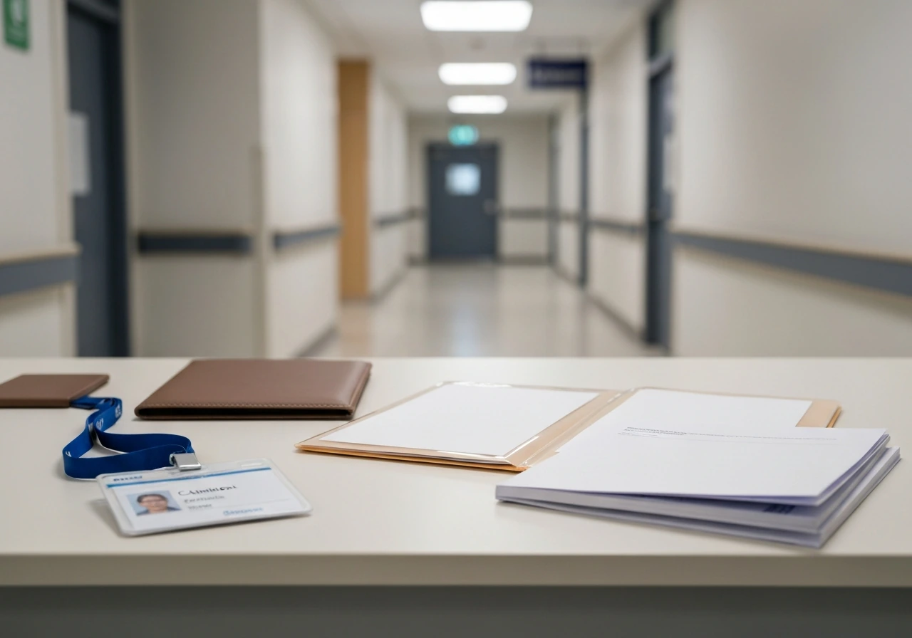 Physician lanyard with ID badge next to a payroll benefits statement and retirement booklet on a hospital desk