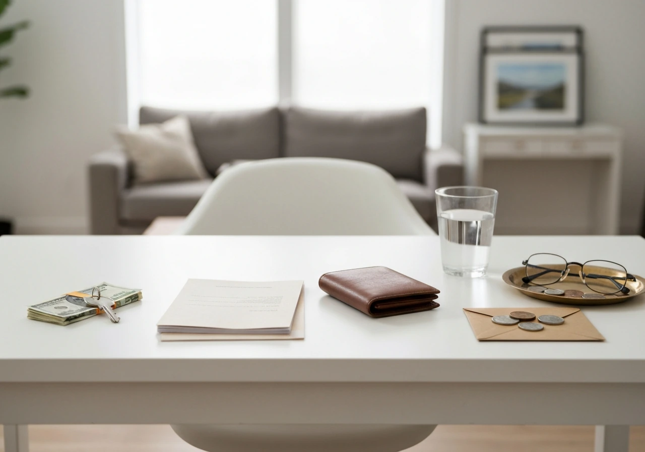 Minimal home-office desk scene with wallet, documents, coins, and two separate money-related items symbolizing included