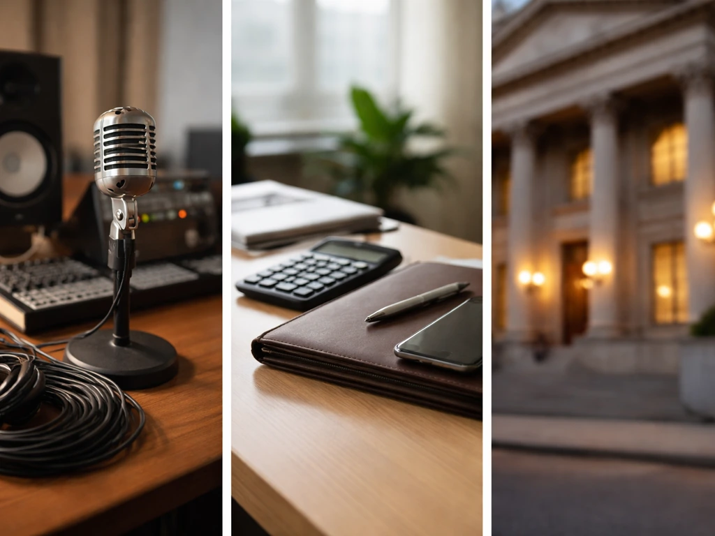 Three-panel collage showing music studio, financial desk, and institutional building to distinguish “Charles Neville” id