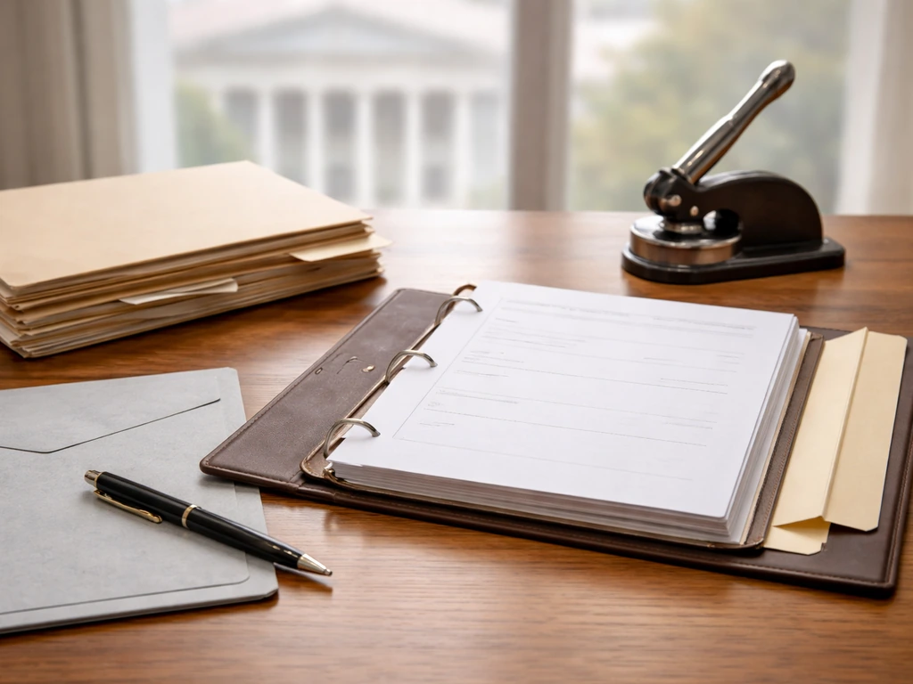 Open binder of estate paperwork and courthouse documents on a desk beside a courthouse stamp