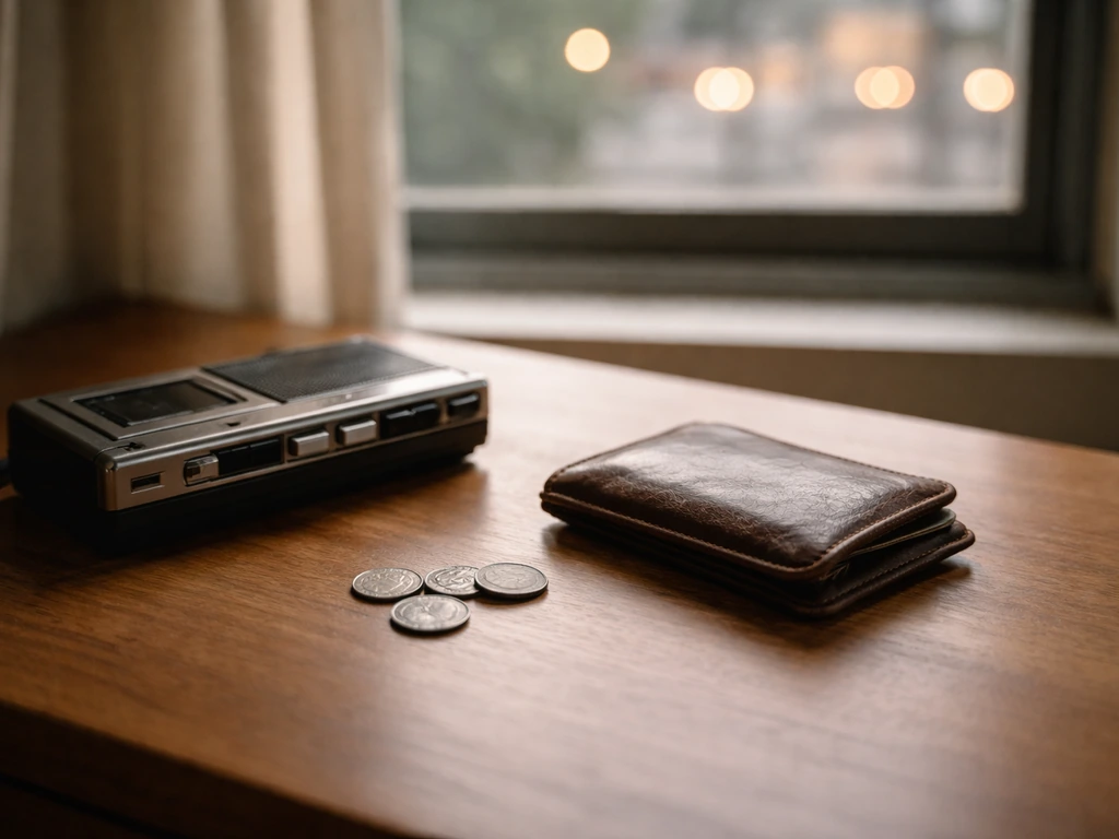 Vintage audio recorder and a worn wallet with coins on a simple desk, city light bokeh background.