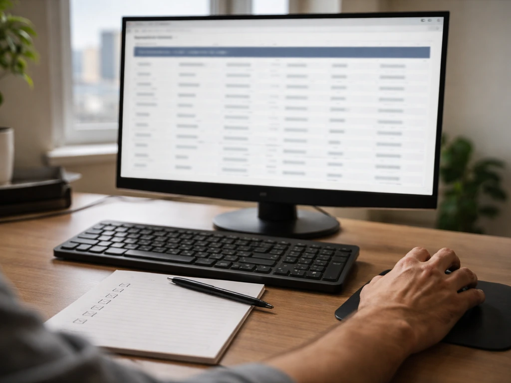 Hands using a mouse to search property records on a computer, with a checklist and pen on a desk.
