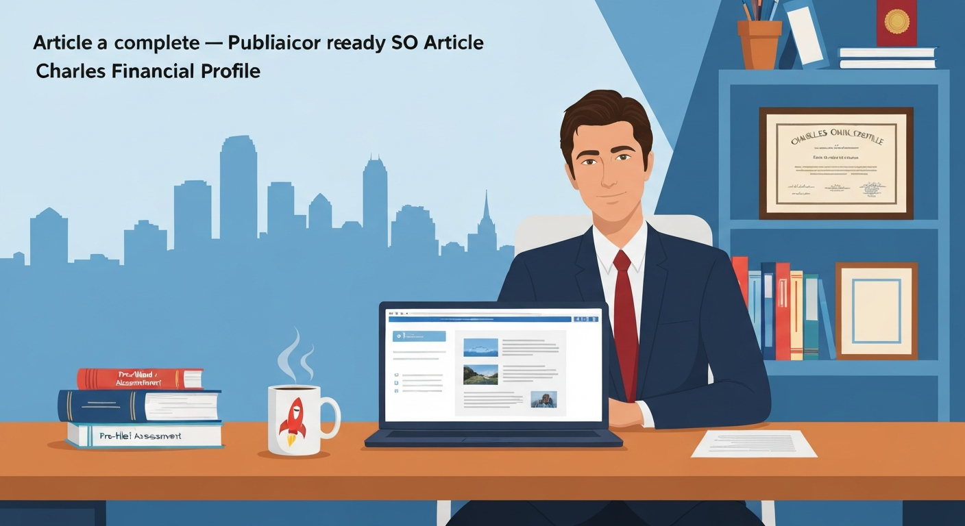 Illustration of a professional consultant at a desk with books and laptop, New Orleans skyline in background — editorial hero image for a profile on an I/O psychologist and consultant.