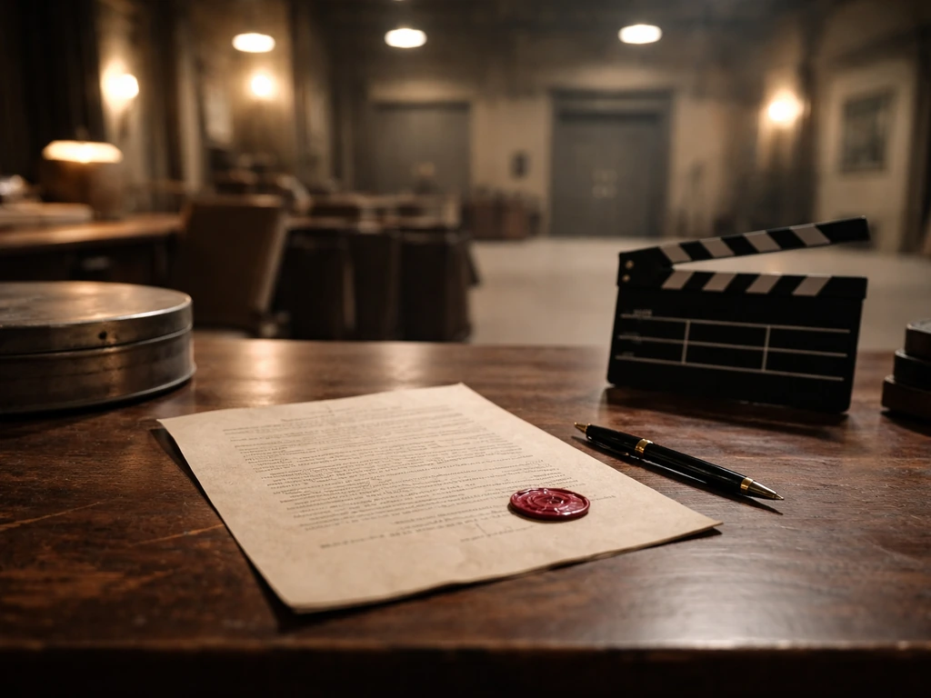 Vintage film-studio contract document on a desk with film memorabilia in a classic soundstage setting.