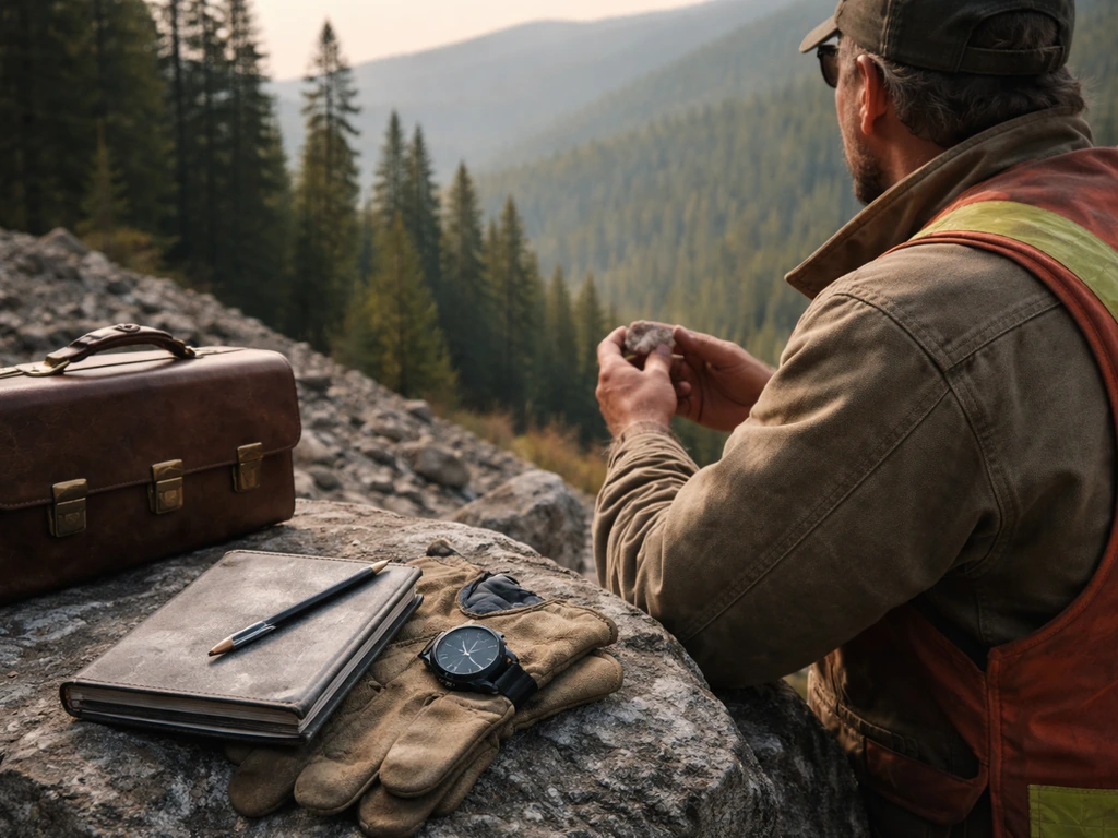 Anonymous prospector’s hands with rock sample and briefcase on a BC worksite, morning light.