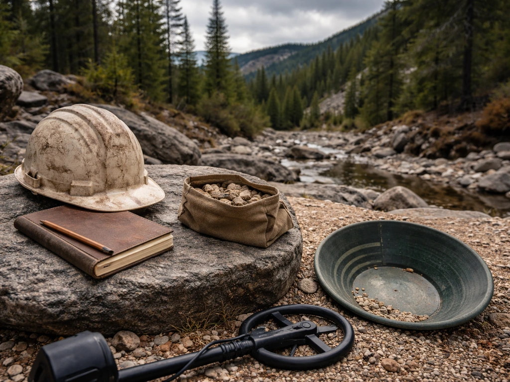 Geologist’s tools and a gold pan on rocks near pine trees, evoking prospecting and wealth exploration