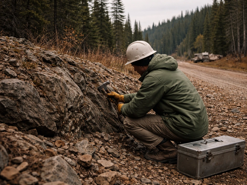Anonymous geologist kneeling in rocky terrain sampling rocks in remote Canadian wilderness.