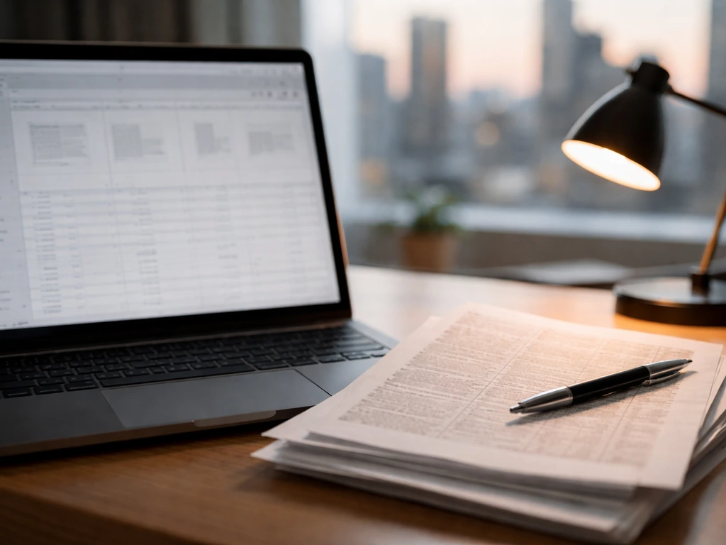 Close-up of a laptop showing a blurred spreadsheet and printed insider-trading filings on a desk