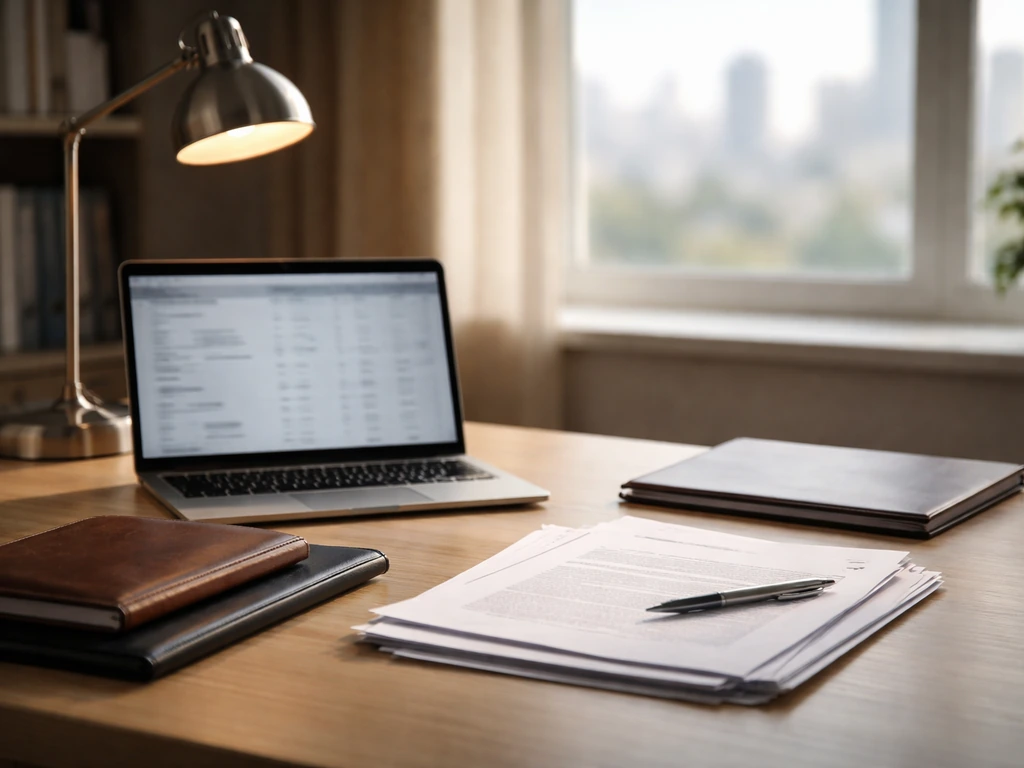 Minimal desk scene with financial documents and a laptop showing blurred market numbers, suggesting private equity resea