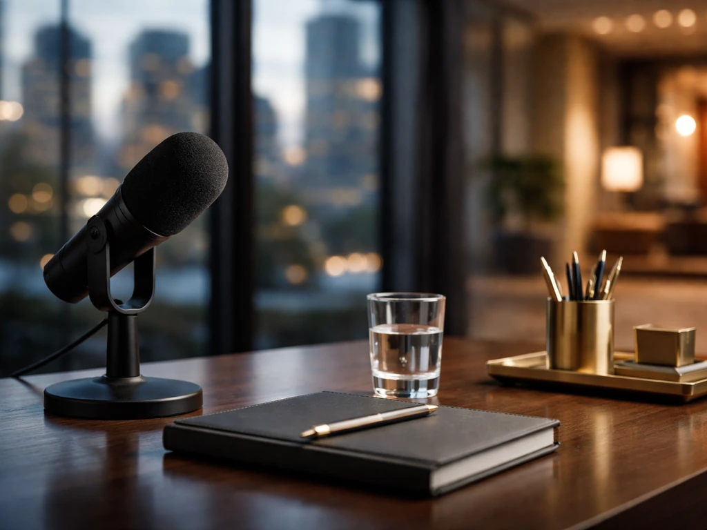 Minimal business desk with a microphone and blurred city skyline, symbolizing a finance media profile.