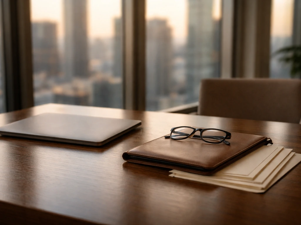 Minimal office desk with a closed laptop, money-themed objects, and soft evening light suggesting wealth building
