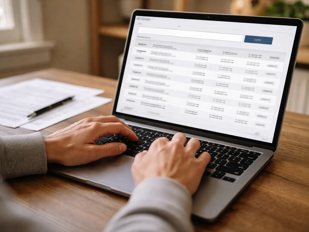 Hand typing an SEC EDGAR search query on a laptop with financial documents nearby