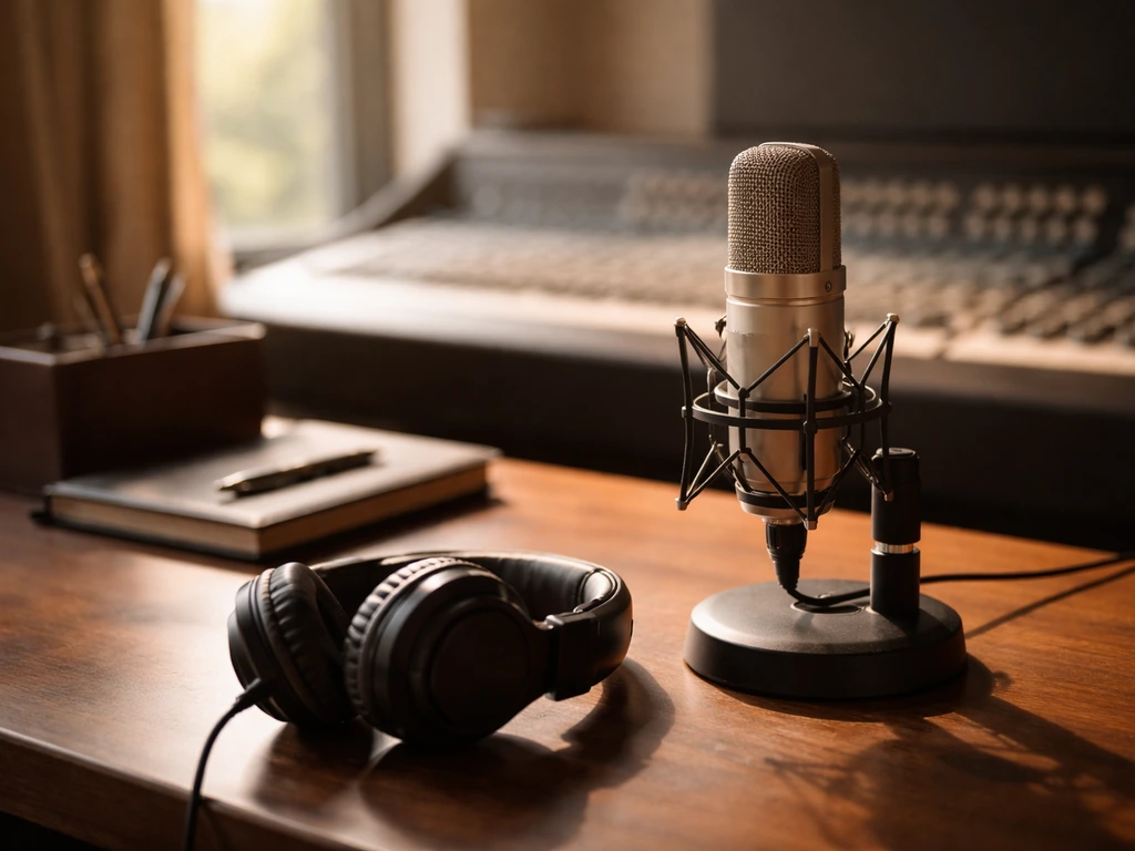 A recording studio desk with a microphone and headphones, symbolizing media career and earnings context.