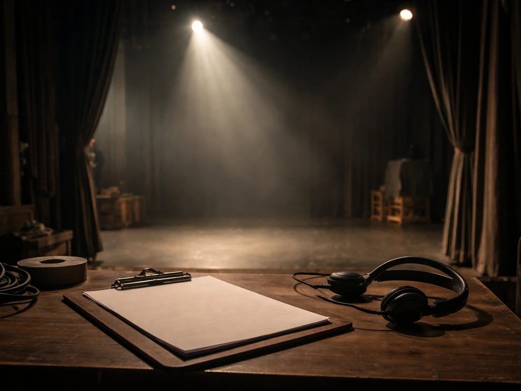 Backstage view of a theater stage with a theater spotlight and an arts director’s clipboard, no people.