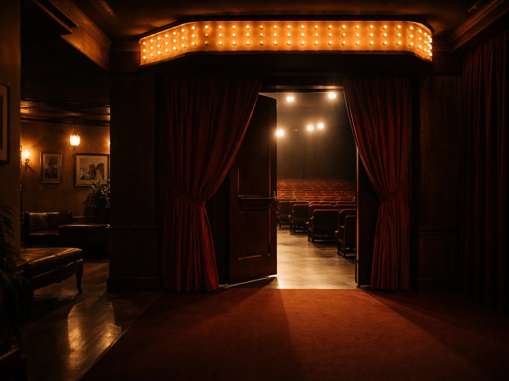 Empty theater lobby with marquee lights and a warmly lit stage beyond, evoking American theater.