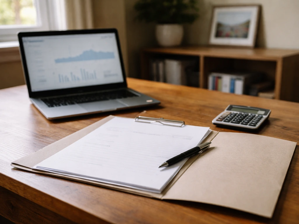 Home-office scene with valuation documents and a calculator beside a laptop, symbolizing net worth verification.
