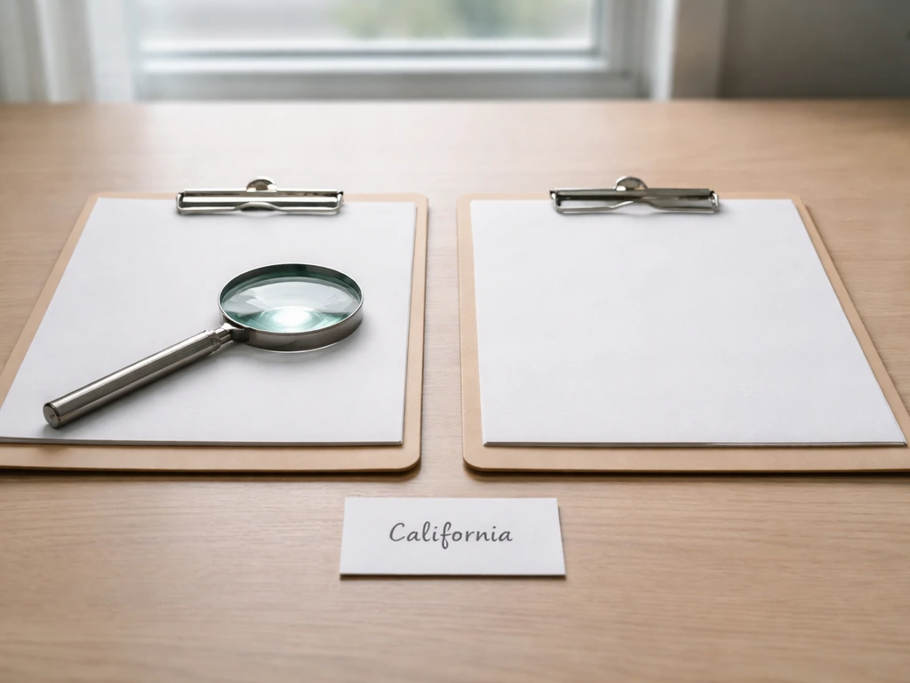 Minimal desk scene with blank folders and a magnifying glass suggesting checking the right “Charles Stiles” in Californi