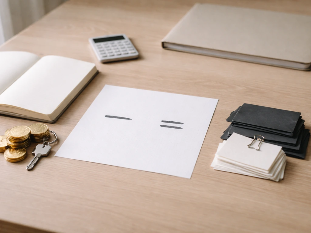 Minimal desk scene with assets and liabilities represented by simple physical objects in natural light.