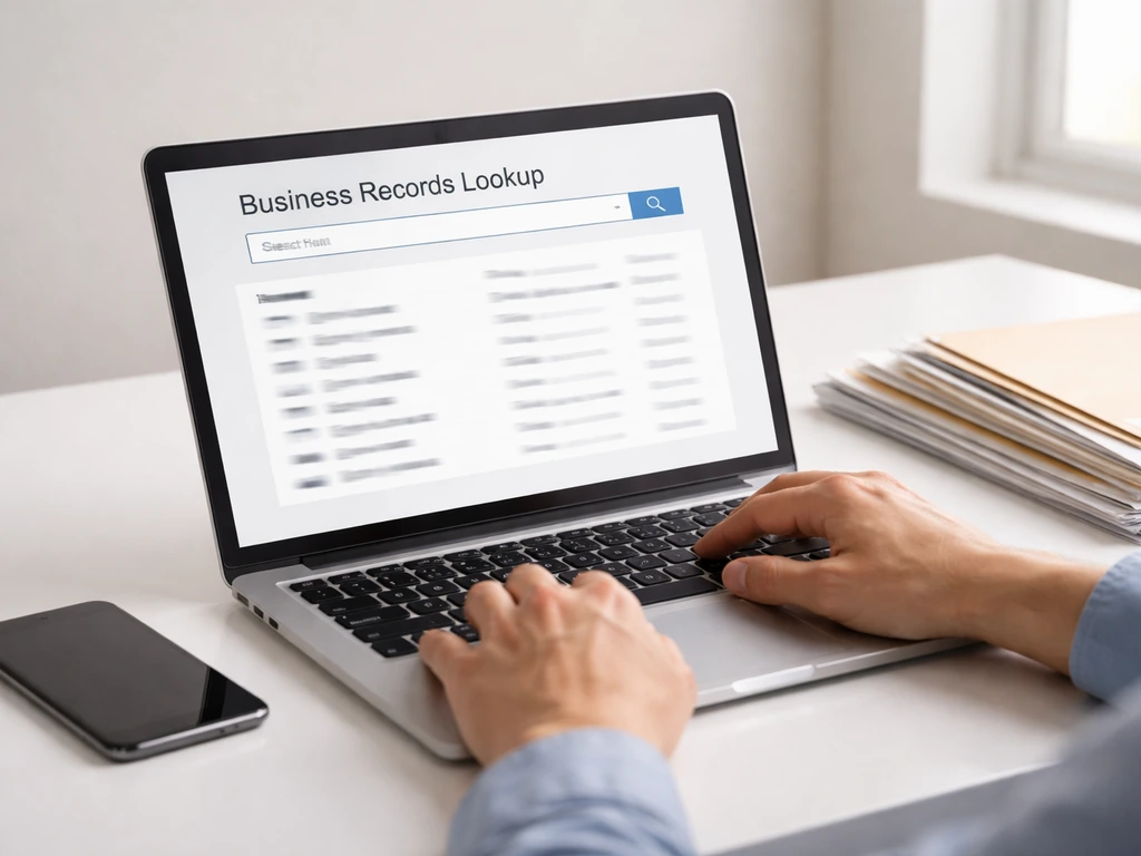 Anonymous hands checking business records on a laptop beside paperwork and a phone, in natural light.