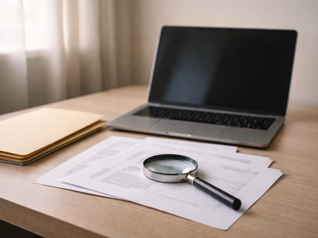 Open laptop beside financial documents and a magnifying glass, suggesting net-worth verification research