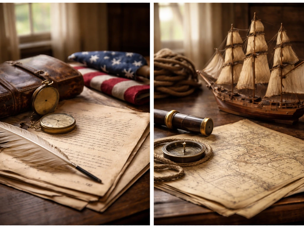 Two-panel side-by-side still life: early-1800s desk items and map/ship model hinting commerce and politics.