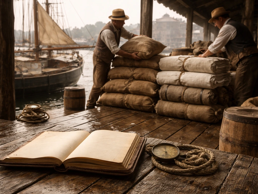 Early 1800s harbor warehouse with merchant goods, an open leather ledger, and a small sailboat.