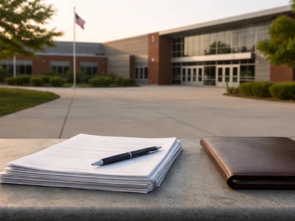 Quiet modern school campus exterior with blurred salary paperwork and a pen on a small surface.