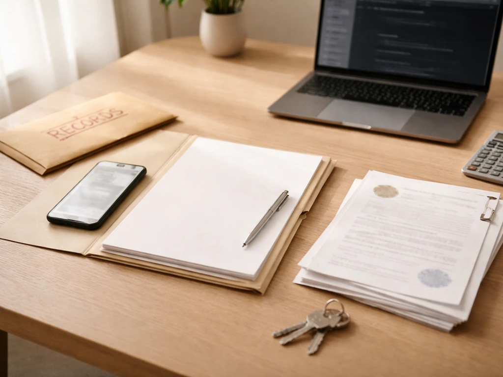 Minimal home office desk with documents, a phone, and a laptop suggesting self-verification of finances.