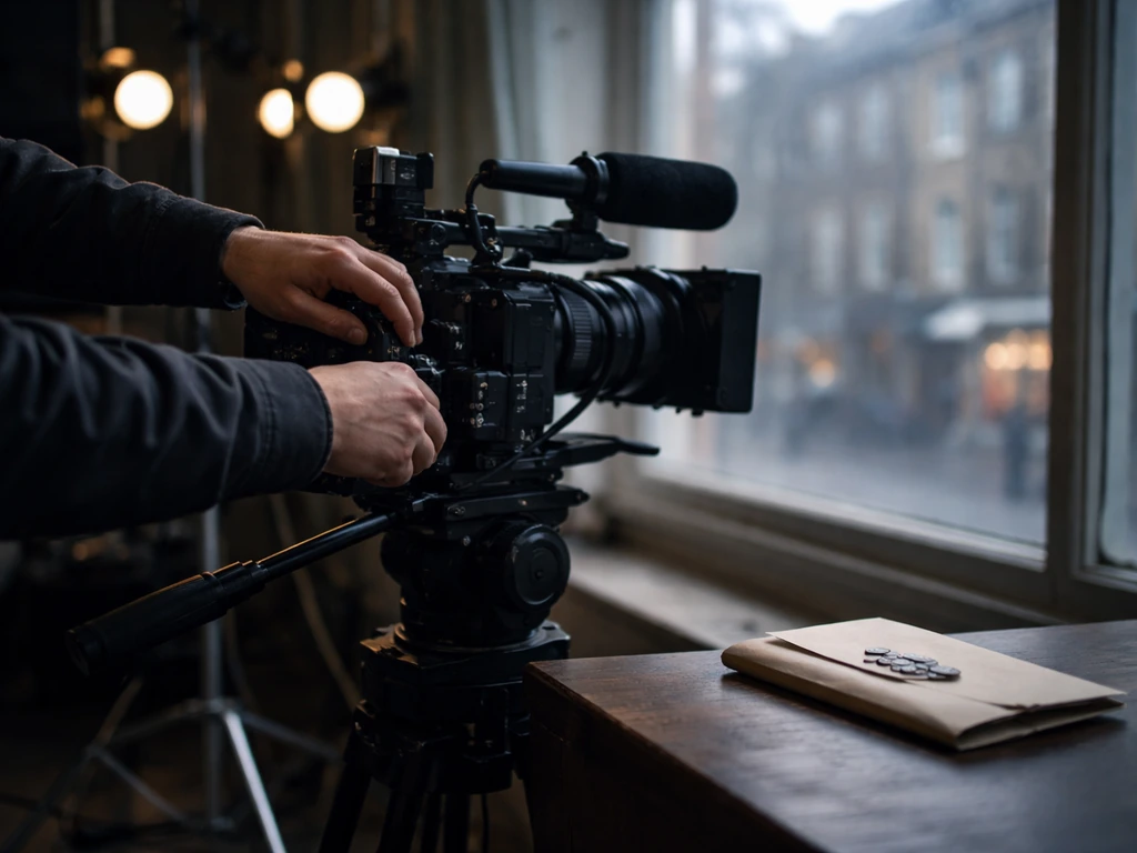 Anonymous studio scene with camera gear and subtle money elements on a table, evoking an actor’s net worth.