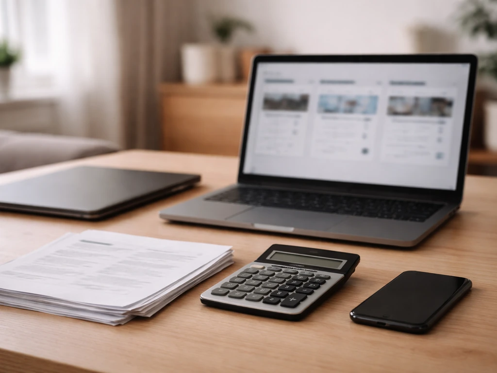 Minimal photo of an anonymous laptop desk with papers and a calculator showing net-worth estimate pages.